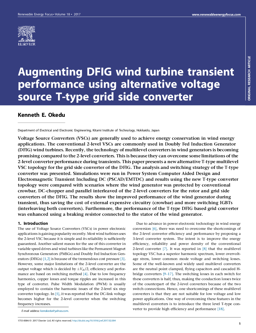 Augmenting DFIG wind turbine transient performance using alternative voltage source T-type grid side converter