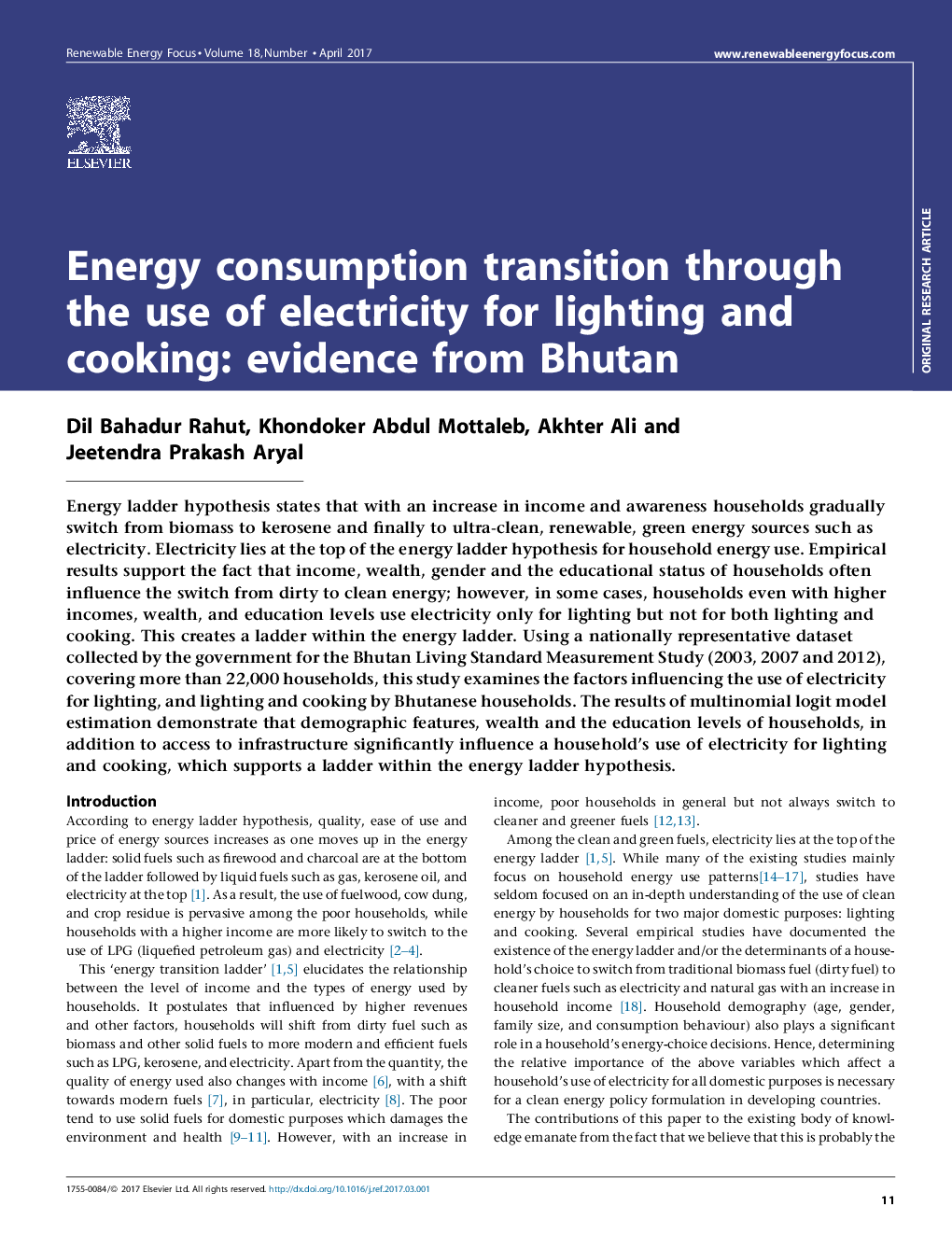 Energy consumption transition through the use of electricity for lighting and cooking: evidence from Bhutan