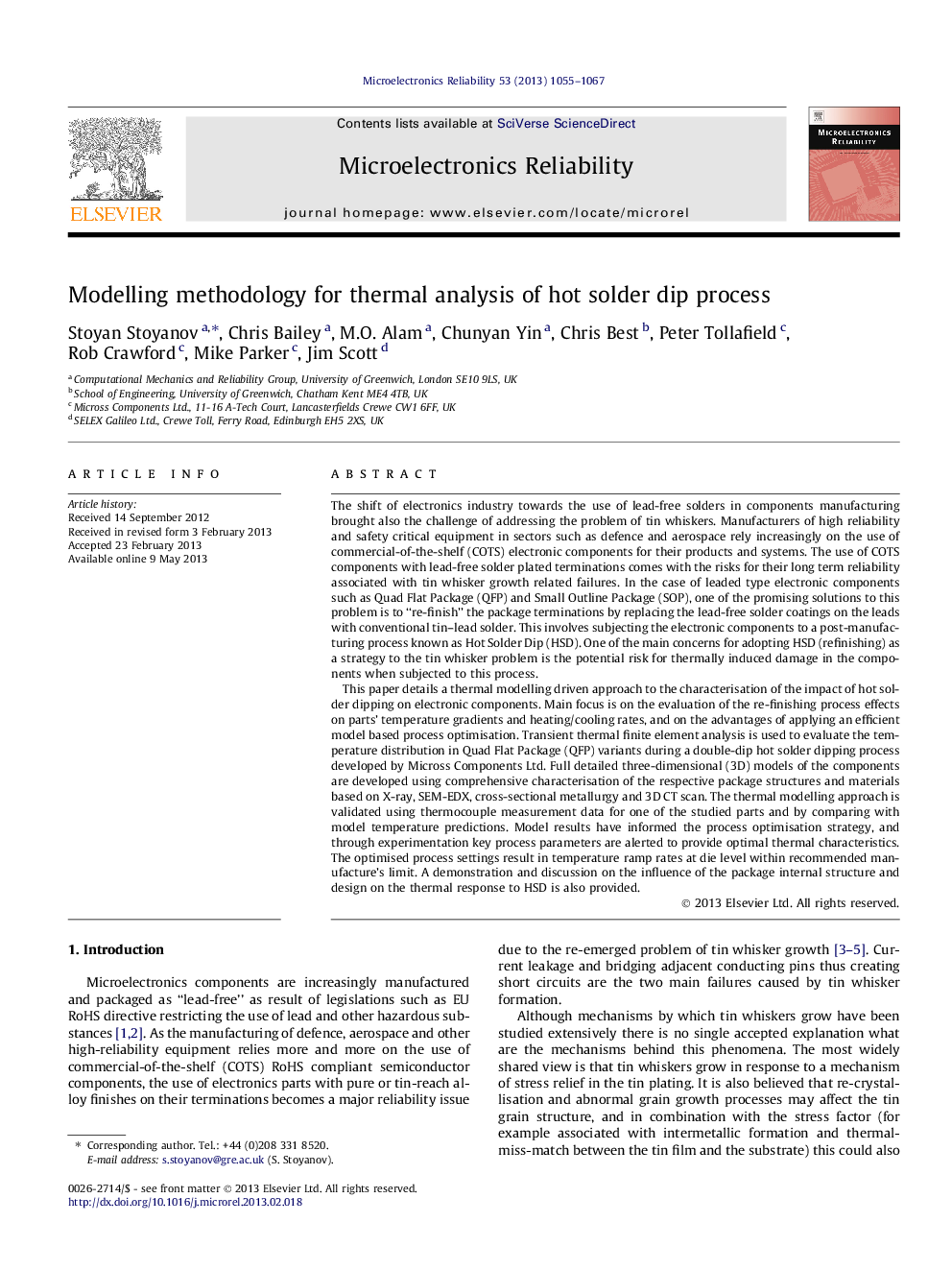 Modelling methodology for thermal analysis of hot solder dip process