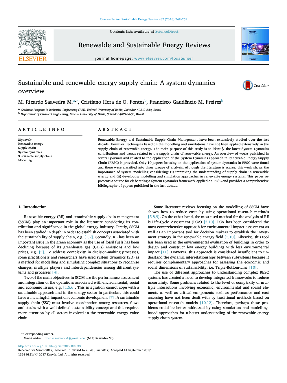 Sustainable and renewable energy supply chain: A system dynamics overview