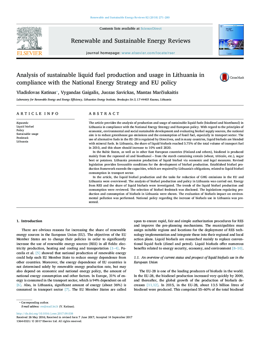 Analysis of sustainable liquid fuel production and usage in Lithuania in compliance with the National Energy Strategy and EU policy