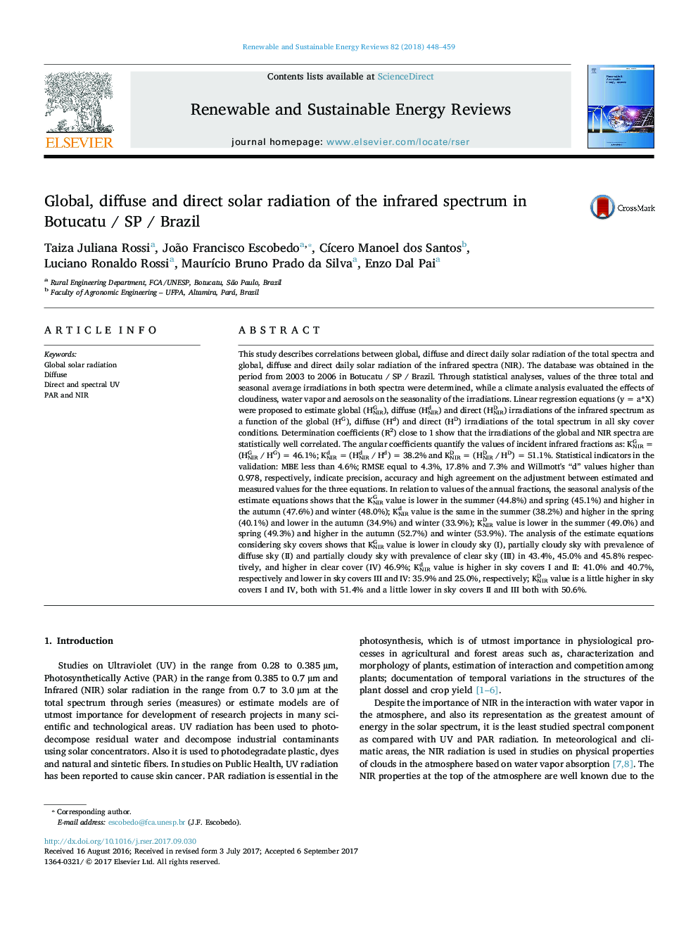 Global, diffuse and direct solar radiation of the infrared spectrum in Botucatu / SP / Brazil