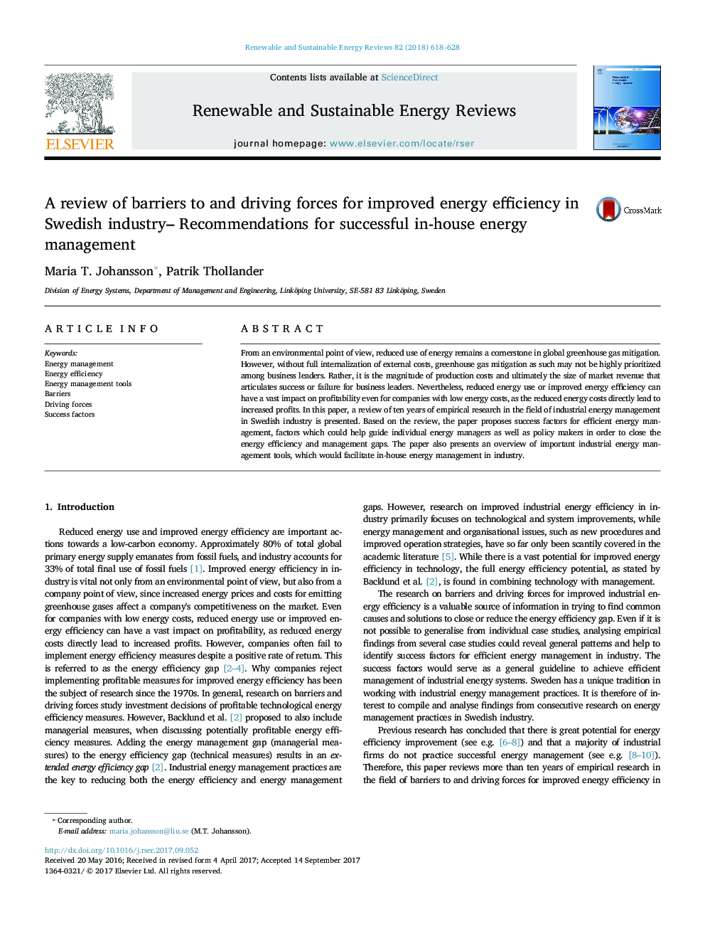 A review of barriers to and driving forces for improved energy efficiency in Swedish industry- Recommendations for successful in-house energy management