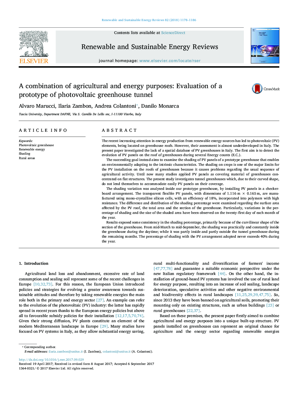 A combination of agricultural and energy purposes: Evaluation of a prototype of photovoltaic greenhouse tunnel