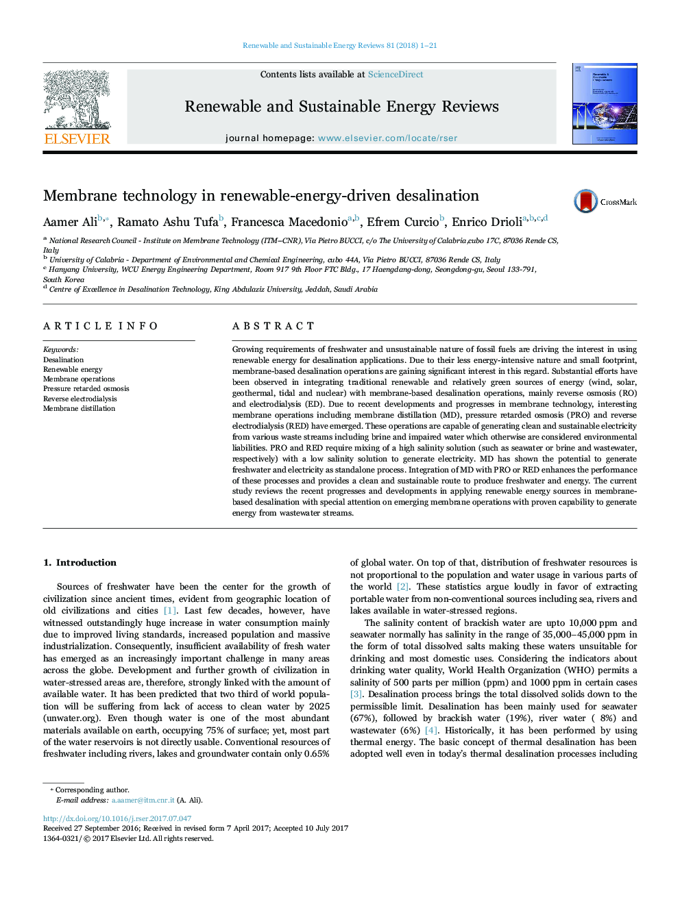 Membrane technology in renewable-energy-driven desalination