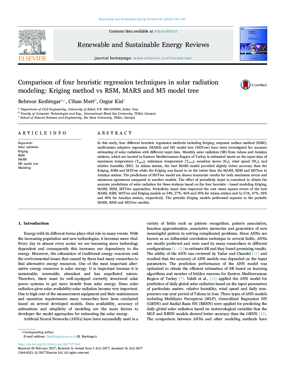 Comparison of four heuristic regression techniques in solar radiation modeling: Kriging method vs RSM, MARS and M5 model tree