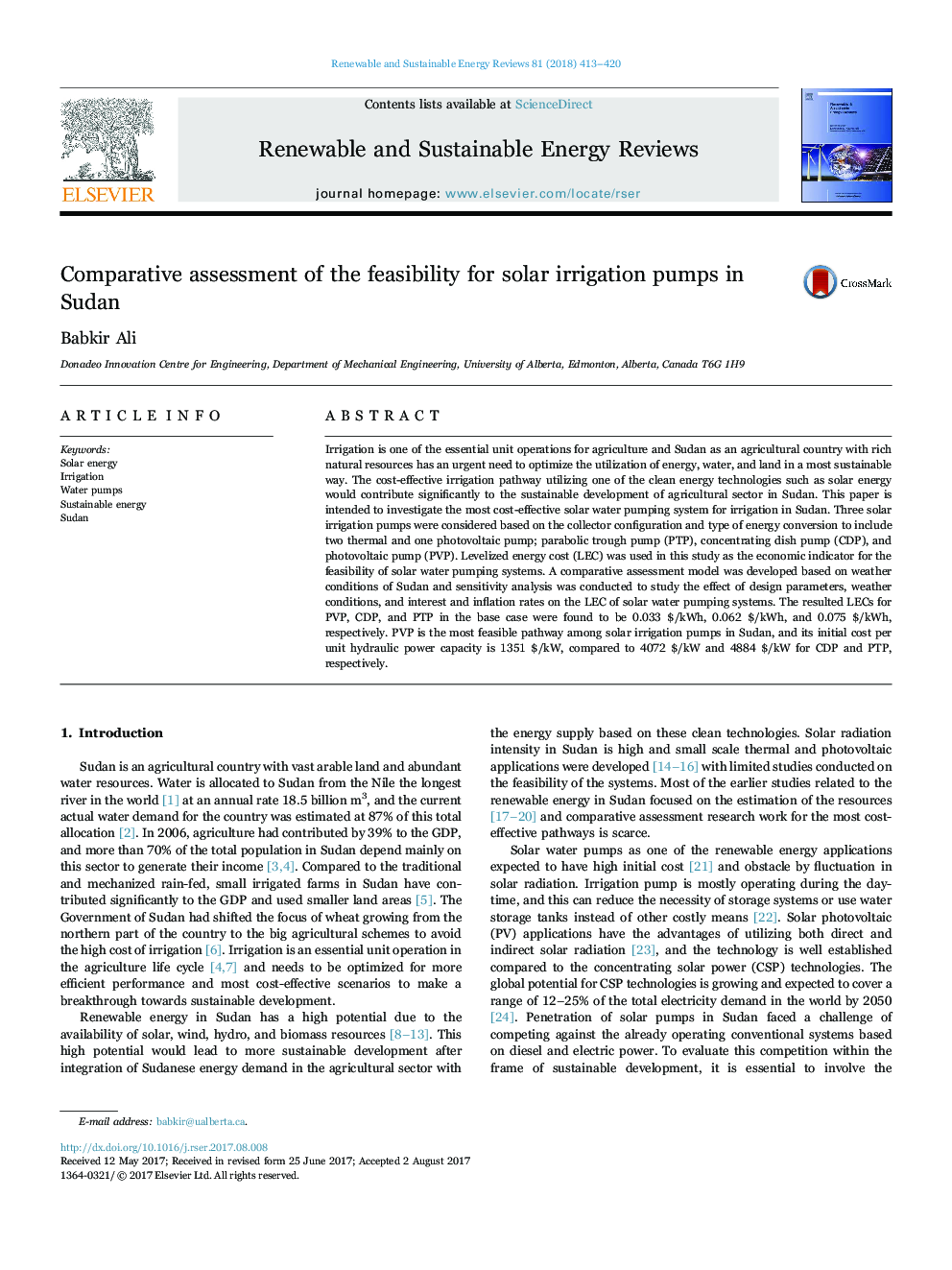 Comparative assessment of the feasibility for solar irrigation pumps in Sudan