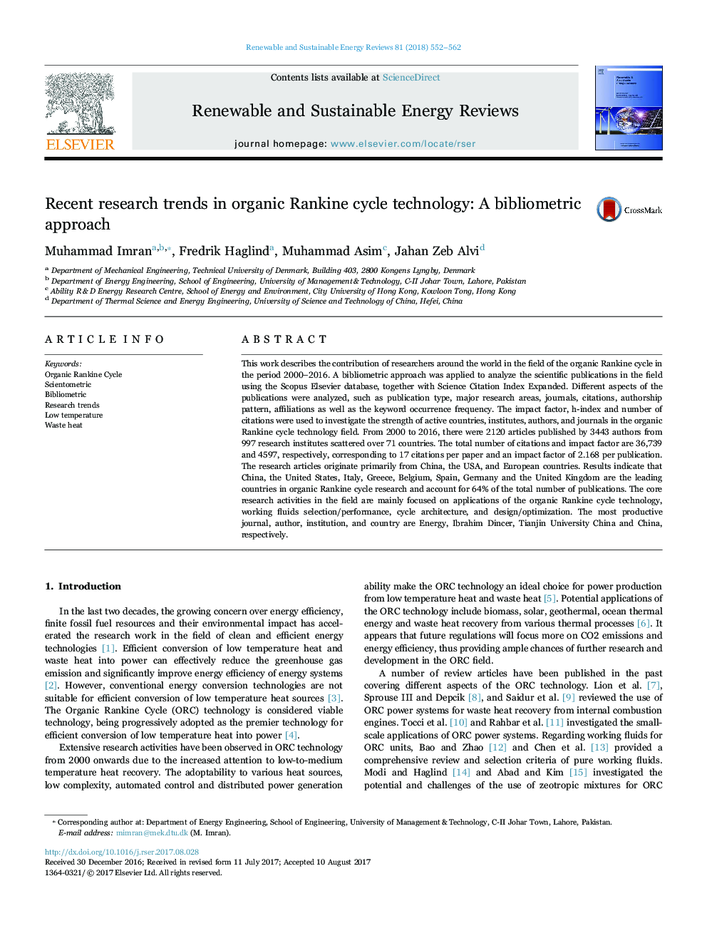 Recent research trends in organic Rankine cycle technology: A bibliometric approach