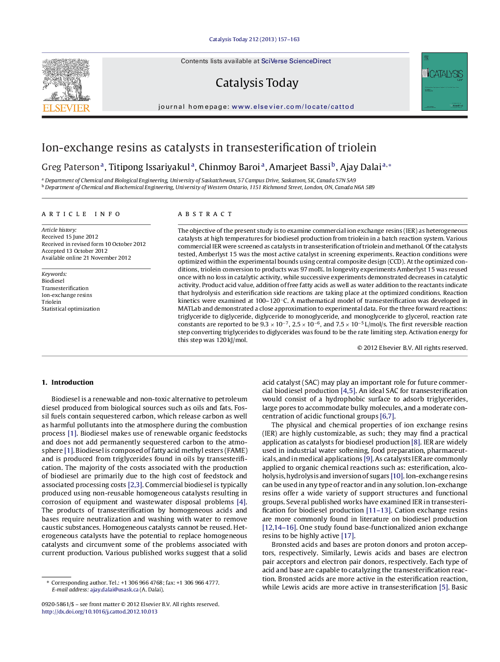 Ion-exchange resins as catalysts in transesterification of triolein