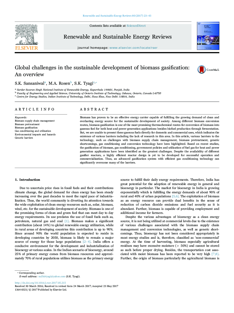 Global challenges in the sustainable development of biomass gasification: An overview