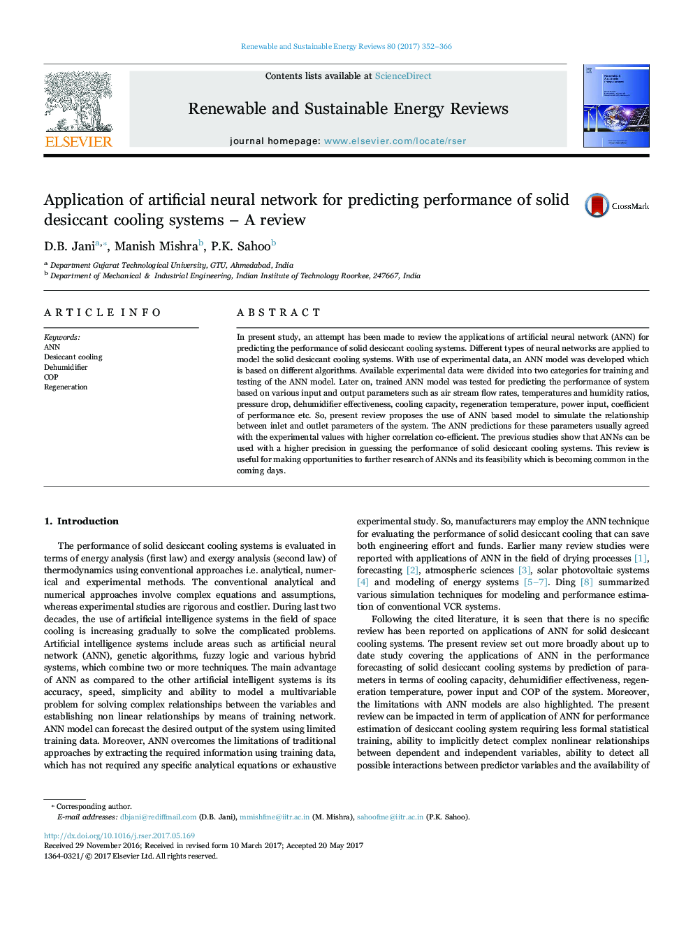 Application of artificial neural network for predicting performance of solid desiccant cooling systems - A review