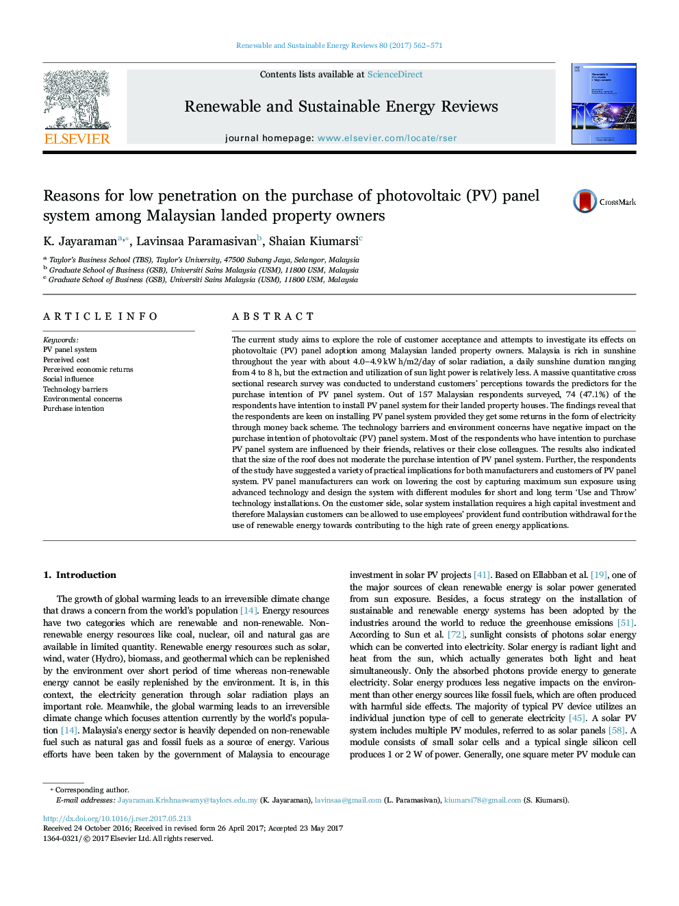 Reasons for low penetration on the purchase of photovoltaic (PV) panel system among Malaysian landed property owners