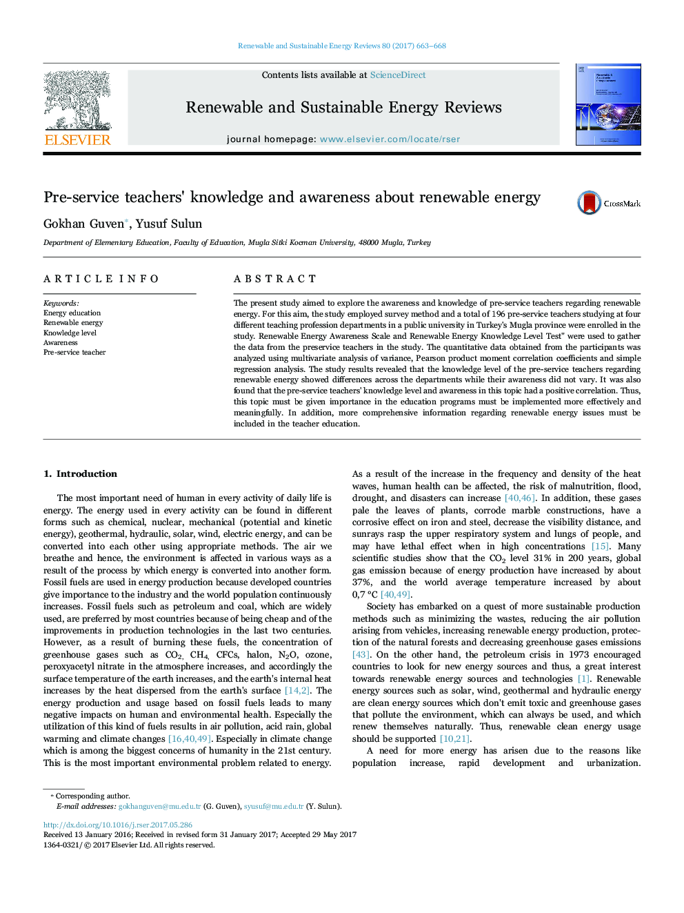 Pre-service teachers' knowledge and awareness about renewable energy