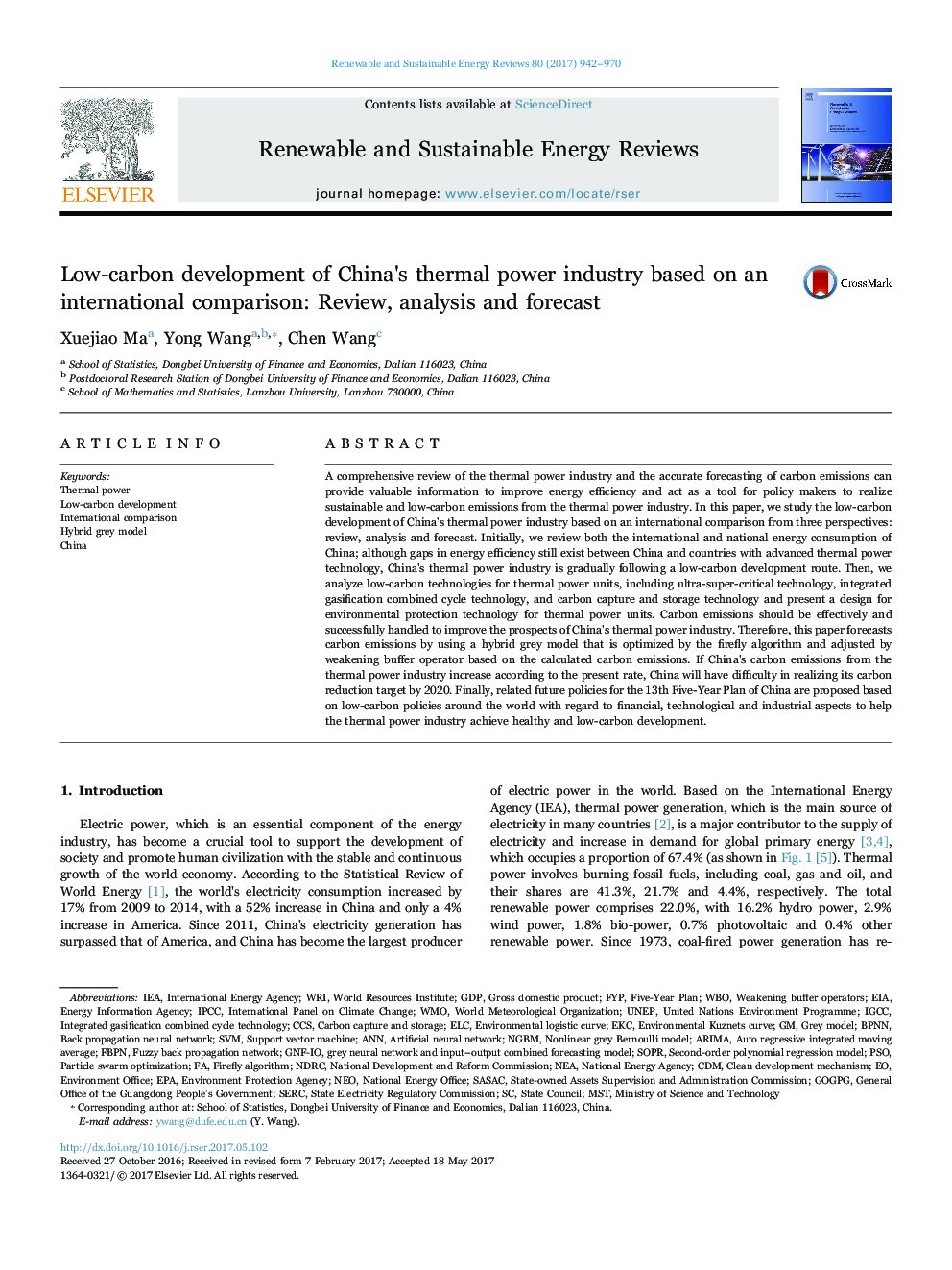 Low-carbon development of China's thermal power industry based on an international comparison: Review, analysis and forecast