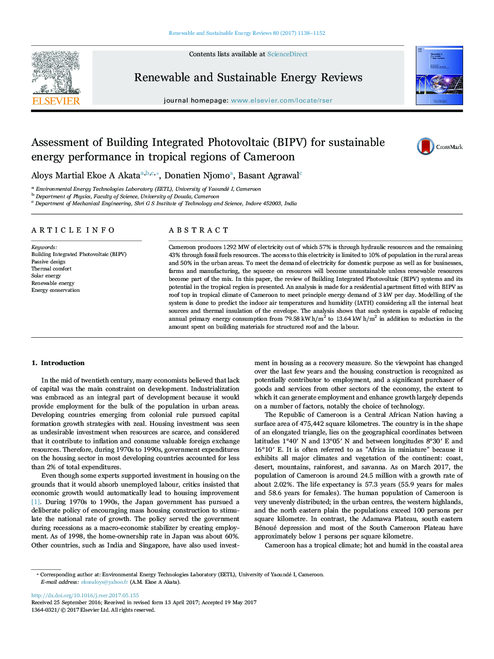 Assessment of Building Integrated Photovoltaic (BIPV) for sustainable energy performance in tropical regions of Cameroon