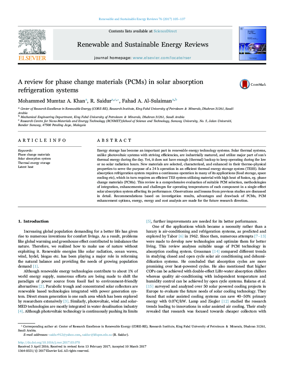 A review for phase change materials (PCMs) in solar absorption refrigeration systems