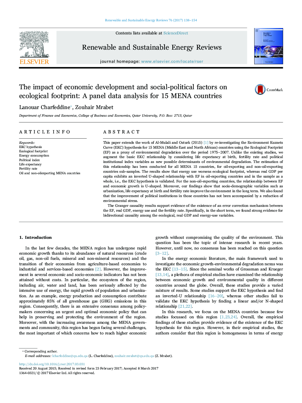 The impact of economic development and social-political factors on ecological footprint: A panel data analysis for 15 MENA countries