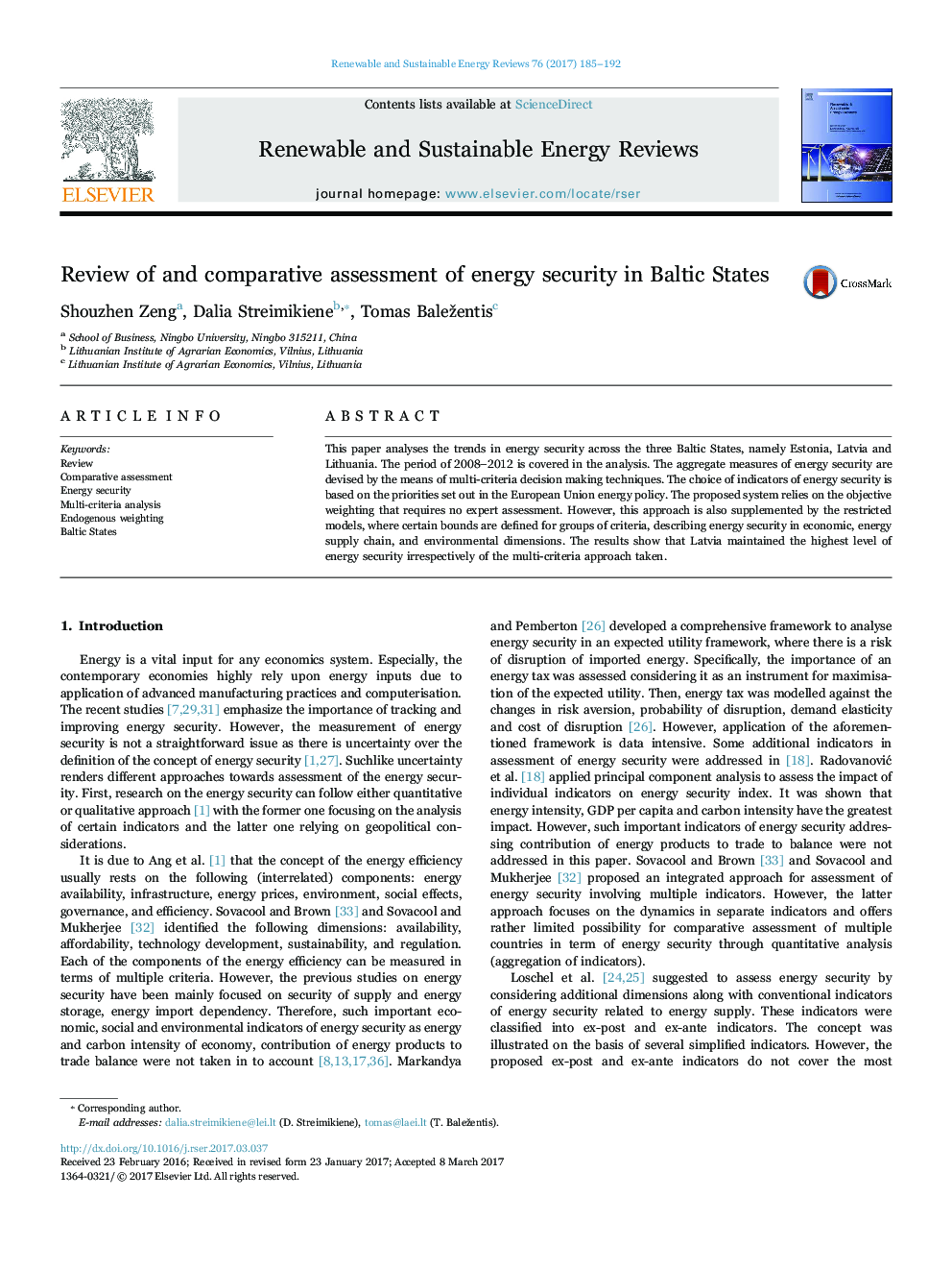 Review of and comparative assessment of energy security in Baltic States