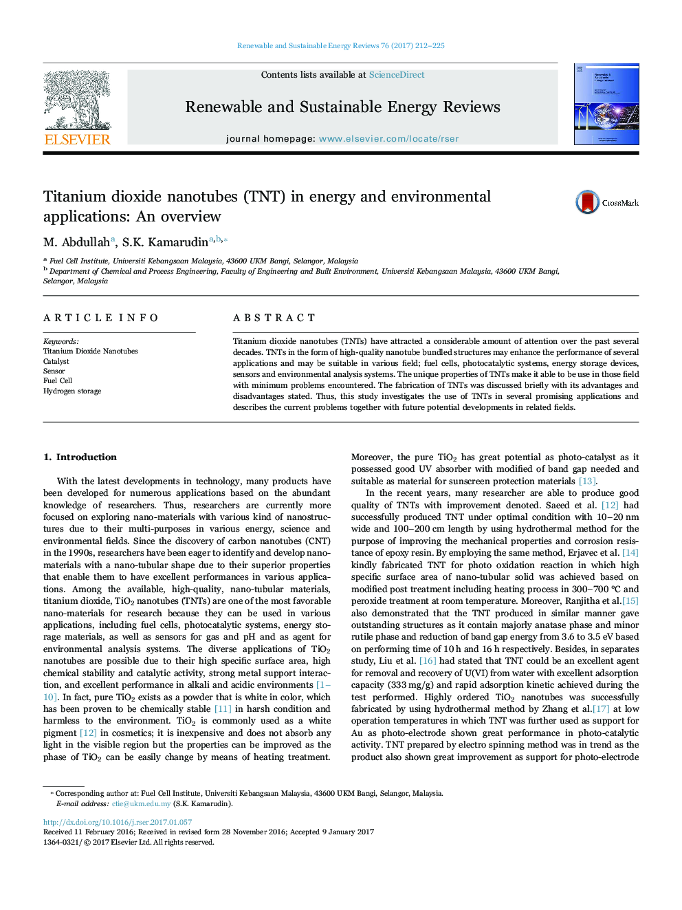 Titanium dioxide nanotubes (TNT) in energy and environmental applications: An overview