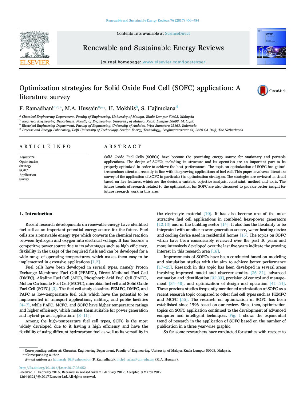 Optimization strategies for Solid Oxide Fuel Cell (SOFC) application: A literature survey