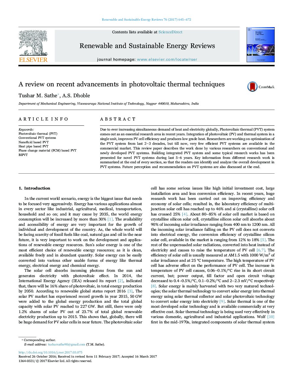 A review on recent advancements in photovoltaic thermal techniques