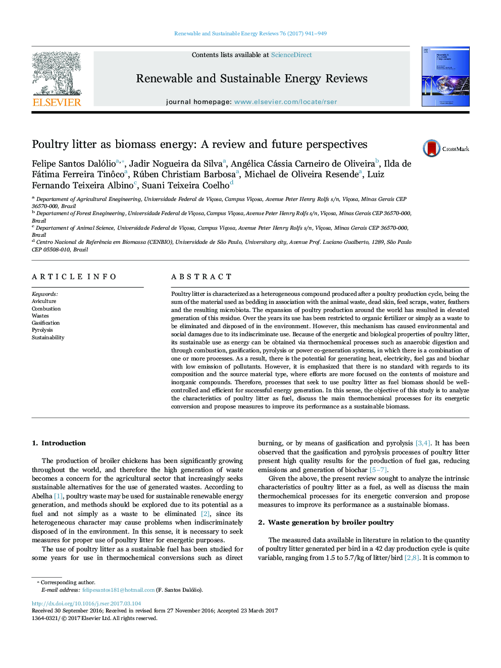 Poultry litter as biomass energy: A review and future perspectives