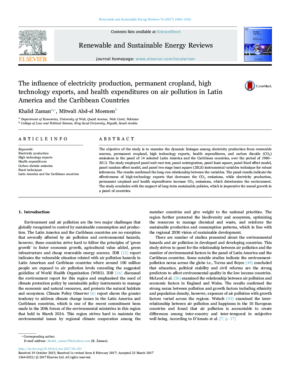 The influence of electricity production, permanent cropland, high technology exports, and health expenditures on air pollution in Latin America and the Caribbean Countries