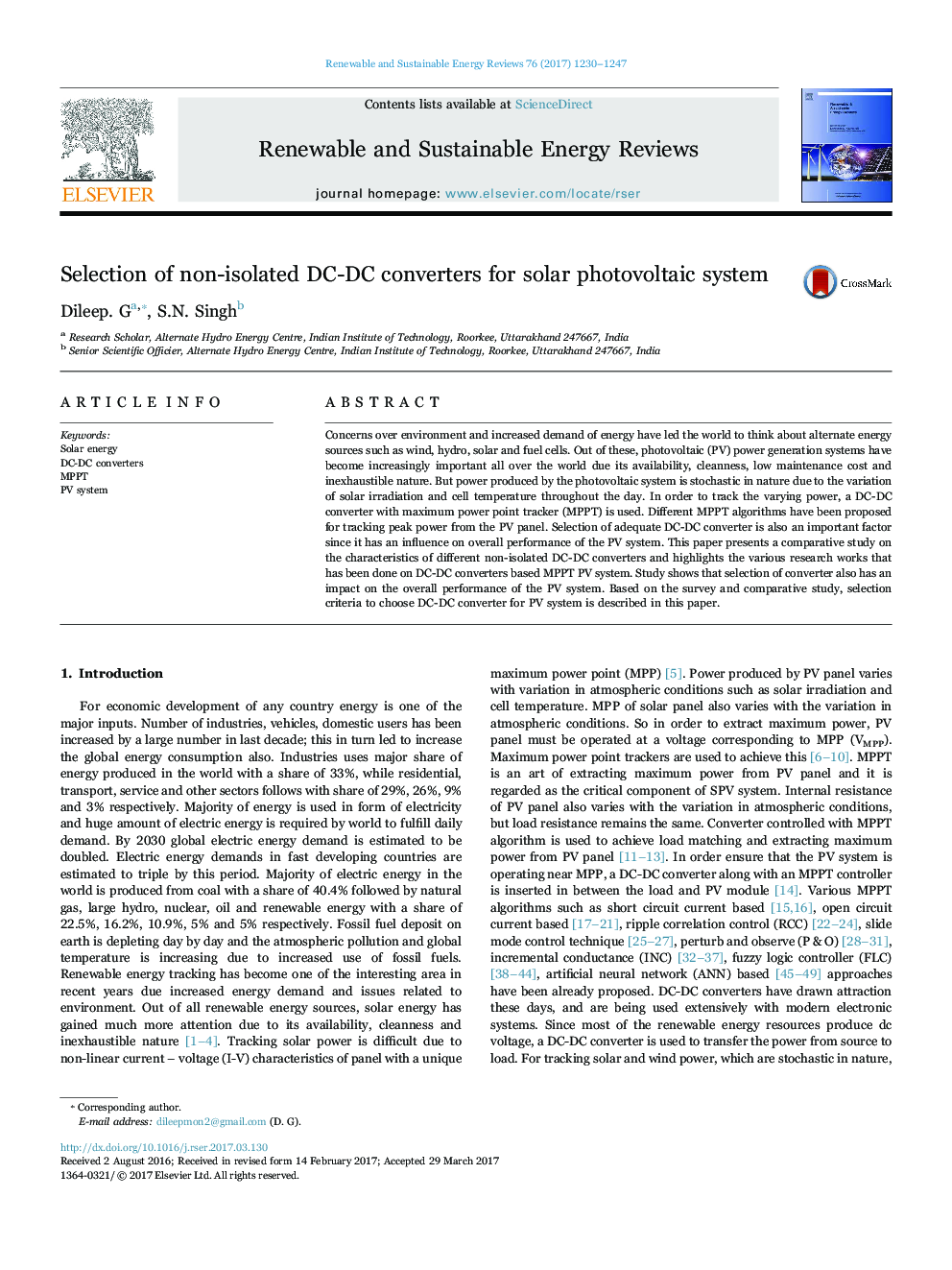 Selection of non-isolated DC-DC converters for solar photovoltaic system