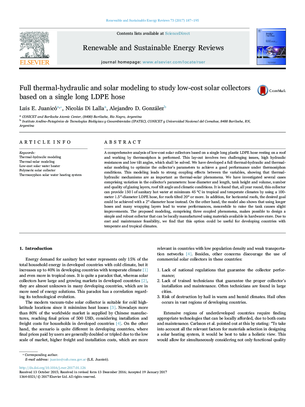 عکس صفحه اول مقاله: Full thermal-hydraulic and solar modeling to study low-cost solar collectors based on a single long LDPE hose Full thermal-hydraulic and solar modeling to study low-cost solar collectors based on a single long LDPE hose