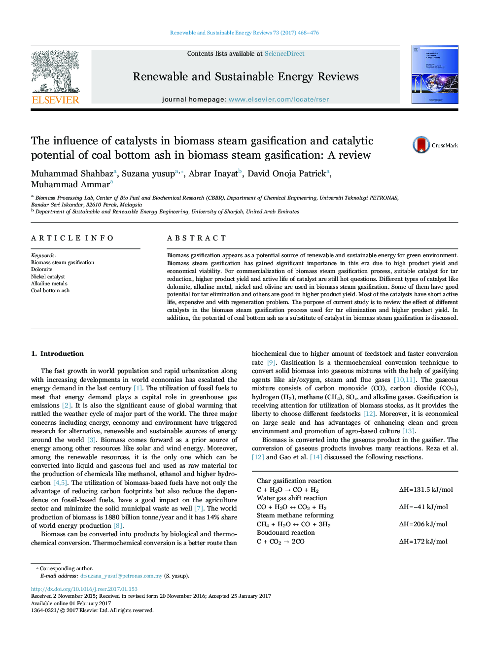 The influence of catalysts in biomass steam gasification and catalytic potential of coal bottom ash in biomass steam gasification: A review