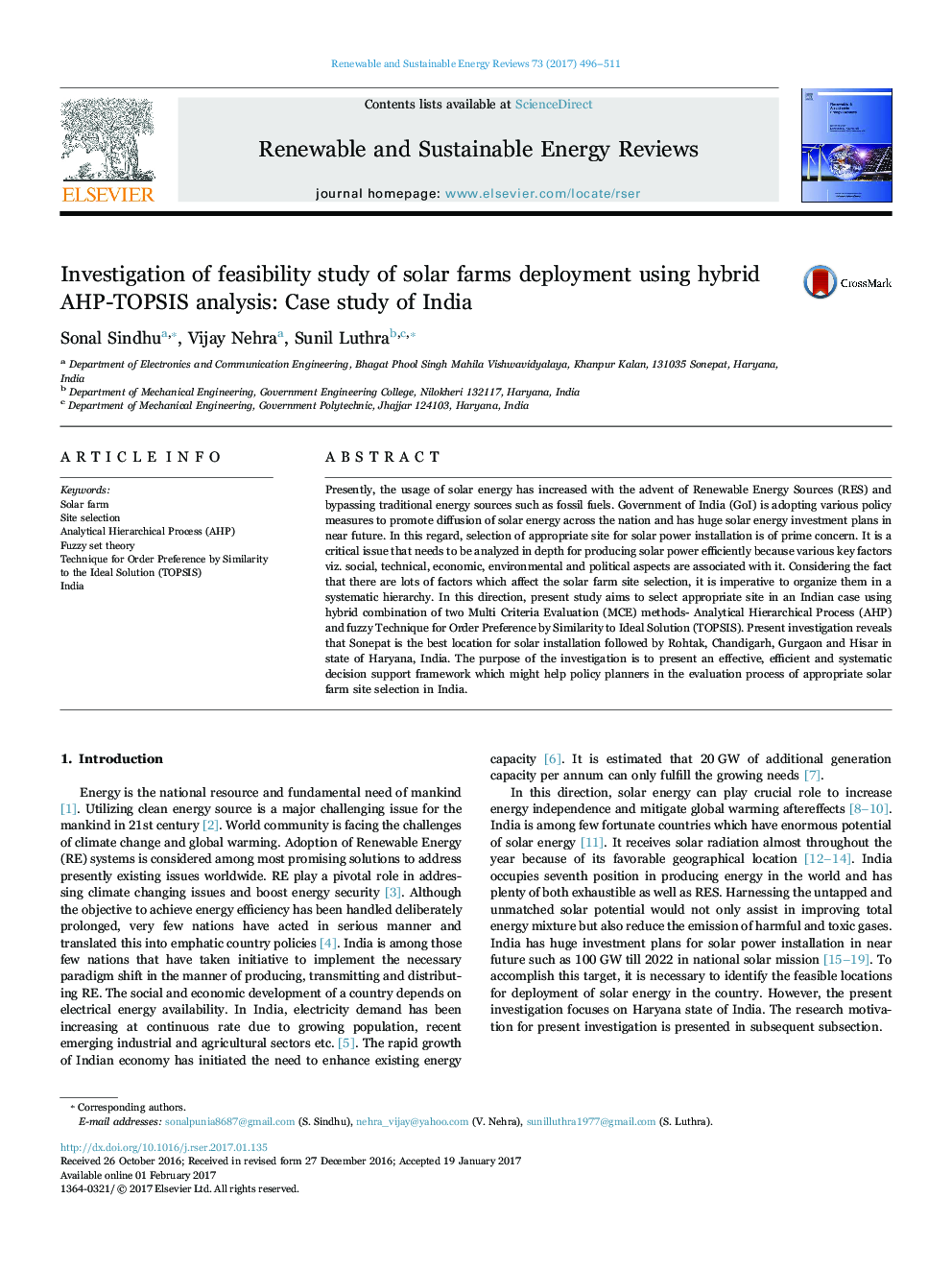 Investigation of feasibility study of solar farms deployment using hybrid AHP-TOPSIS analysis: Case study of India