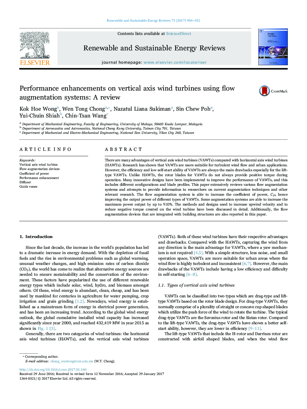 Performance enhancements on vertical axis wind turbines using flow augmentation systems: A review