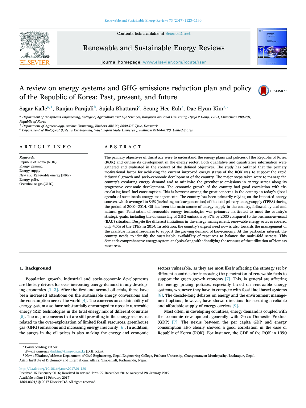 A review on energy systems and GHG emissions reduction plan and policy of the Republic of Korea: Past, present, and future