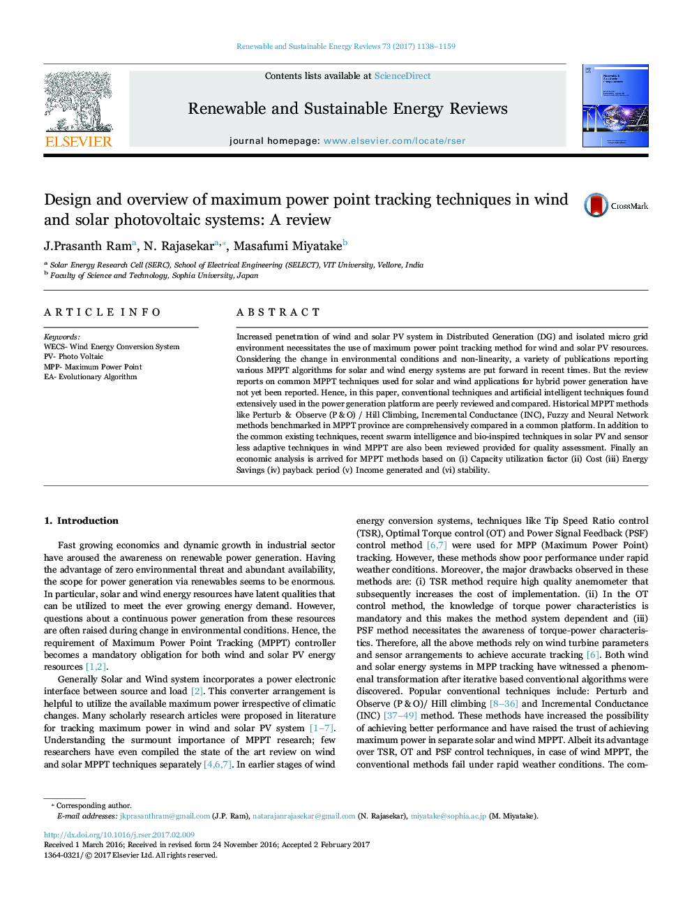 Design and overview of maximum power point tracking techniques in wind and solar photovoltaic systems: A review