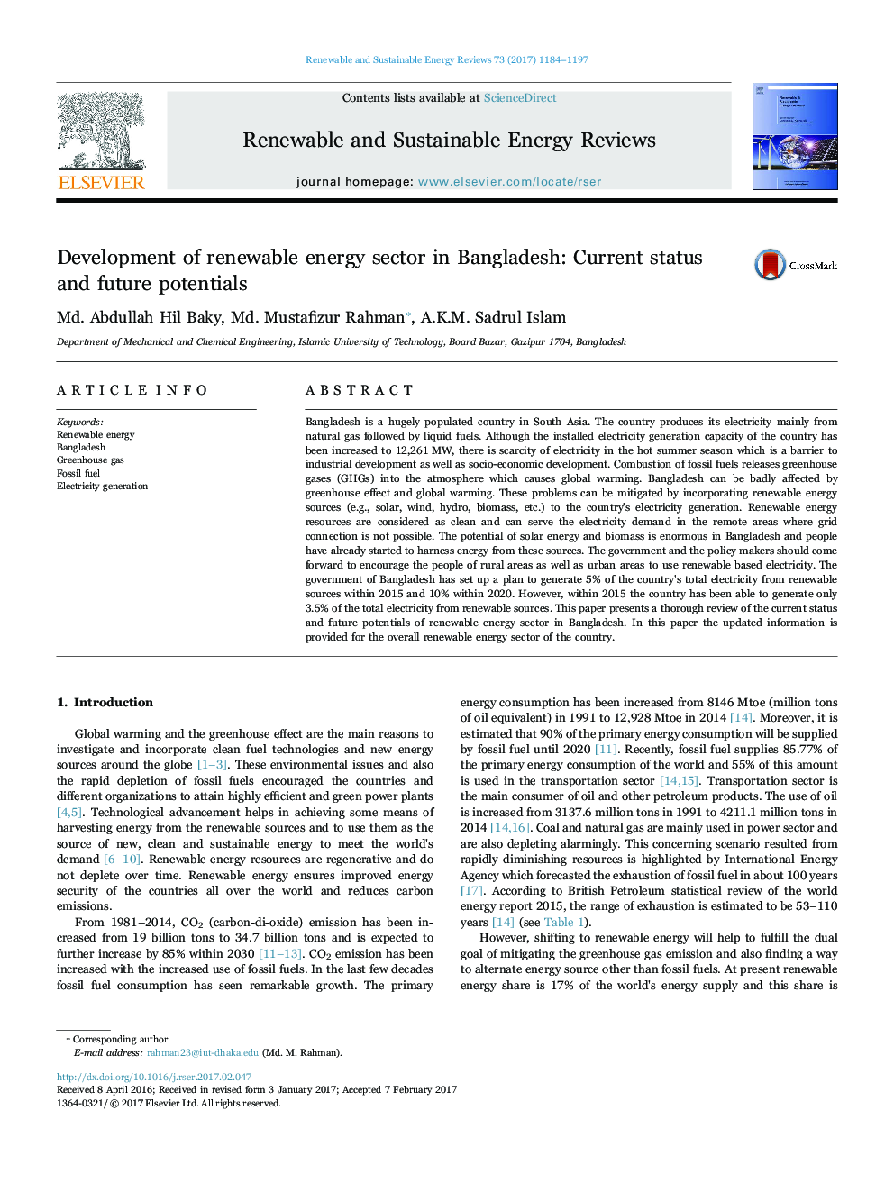 Development of renewable energy sector in Bangladesh: Current status and future potentials