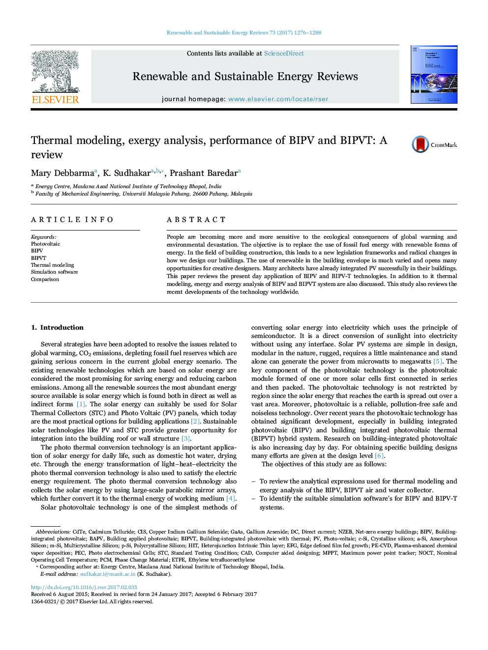 Thermal modeling, exergy analysis, performance of BIPV and BIPVT: A review