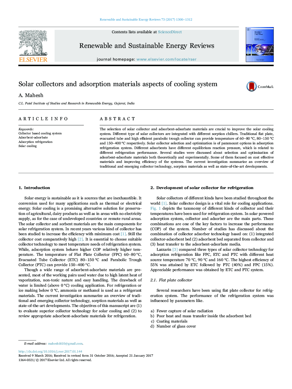 Solar collectors and adsorption materials aspects of cooling system