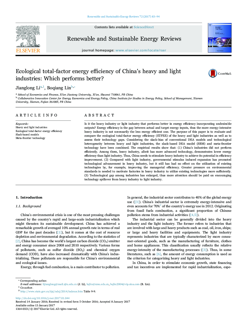 Ecological total-factor energy efficiency of China's heavy and light industries: Which performs better?