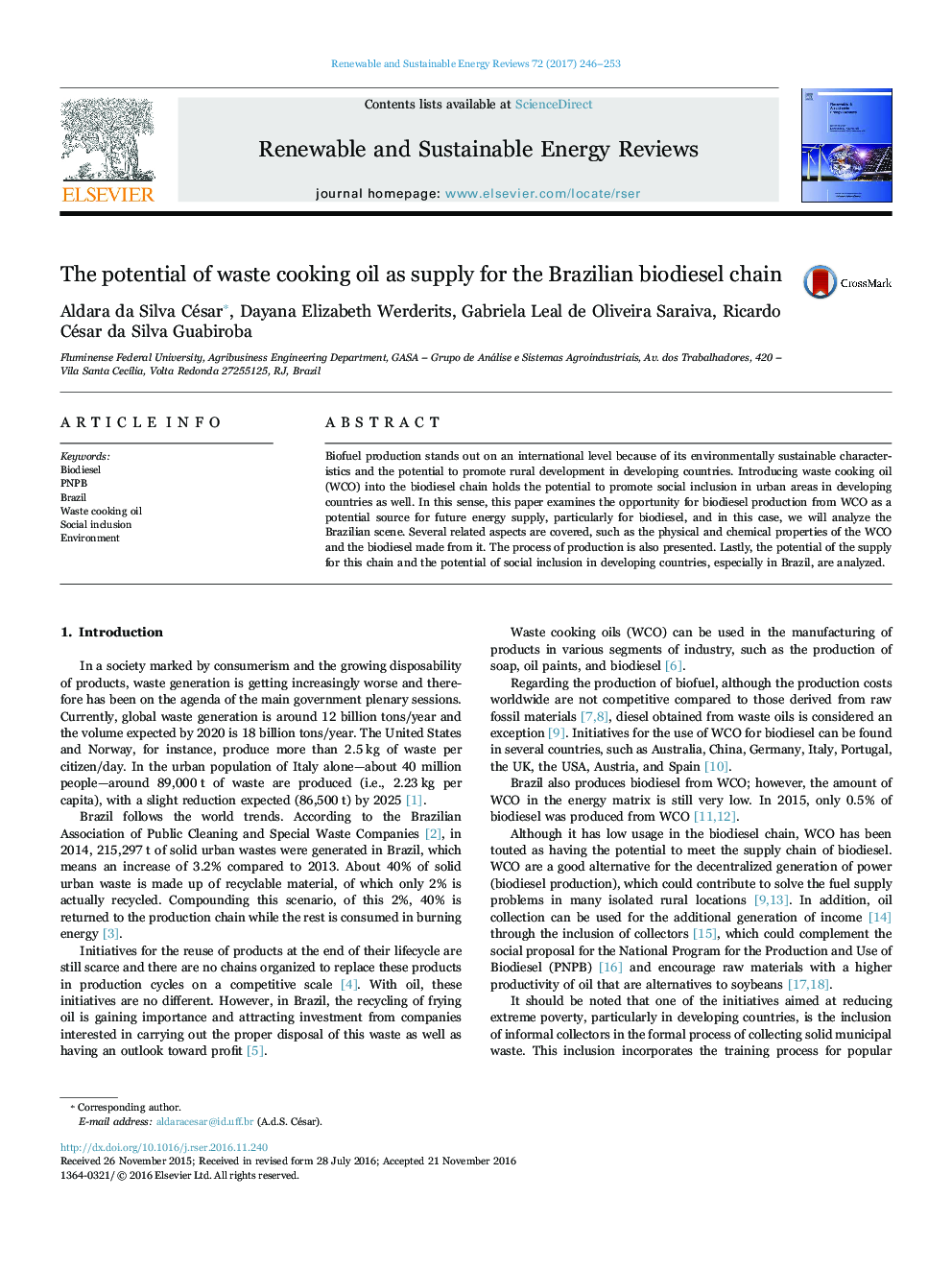 The potential of waste cooking oil as supply for the Brazilian biodiesel chain