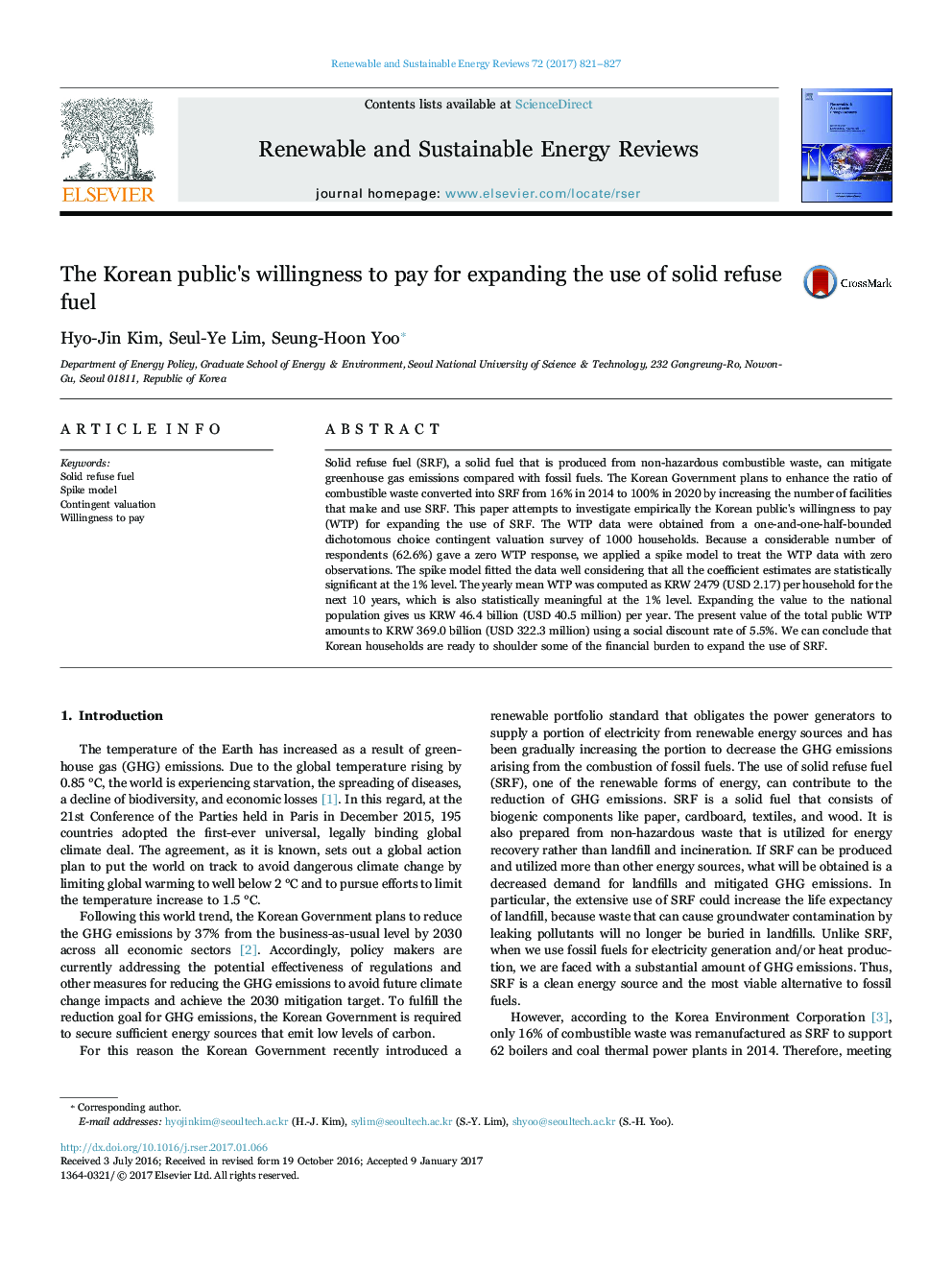 The Korean public's willingness to pay for expanding the use of solid refuse fuel