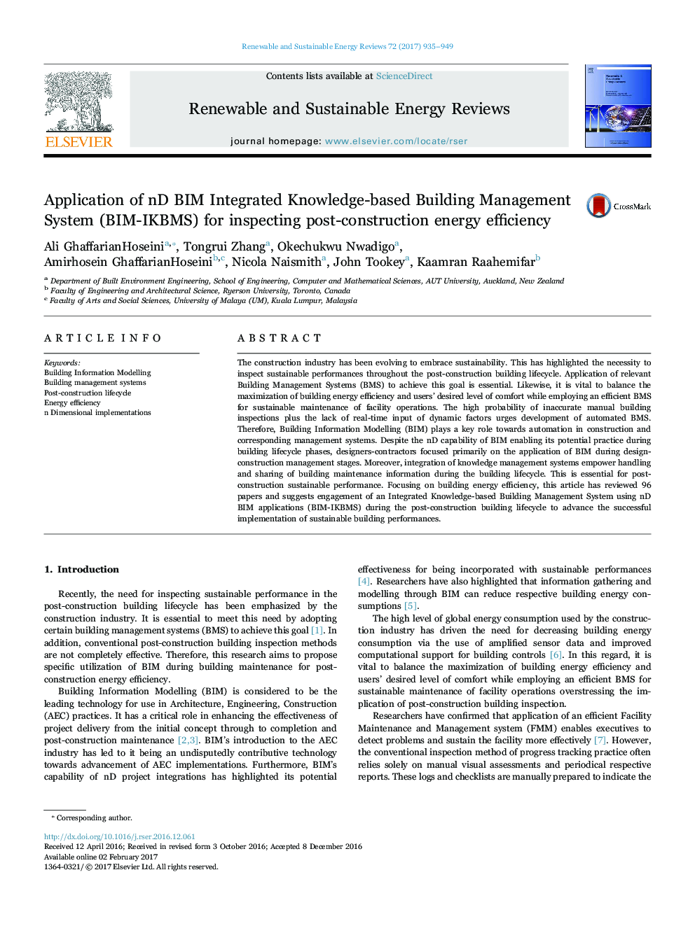 Application of nD BIM Integrated Knowledge-based Building Management System (BIM-IKBMS) for inspecting post-construction energy efficiency
