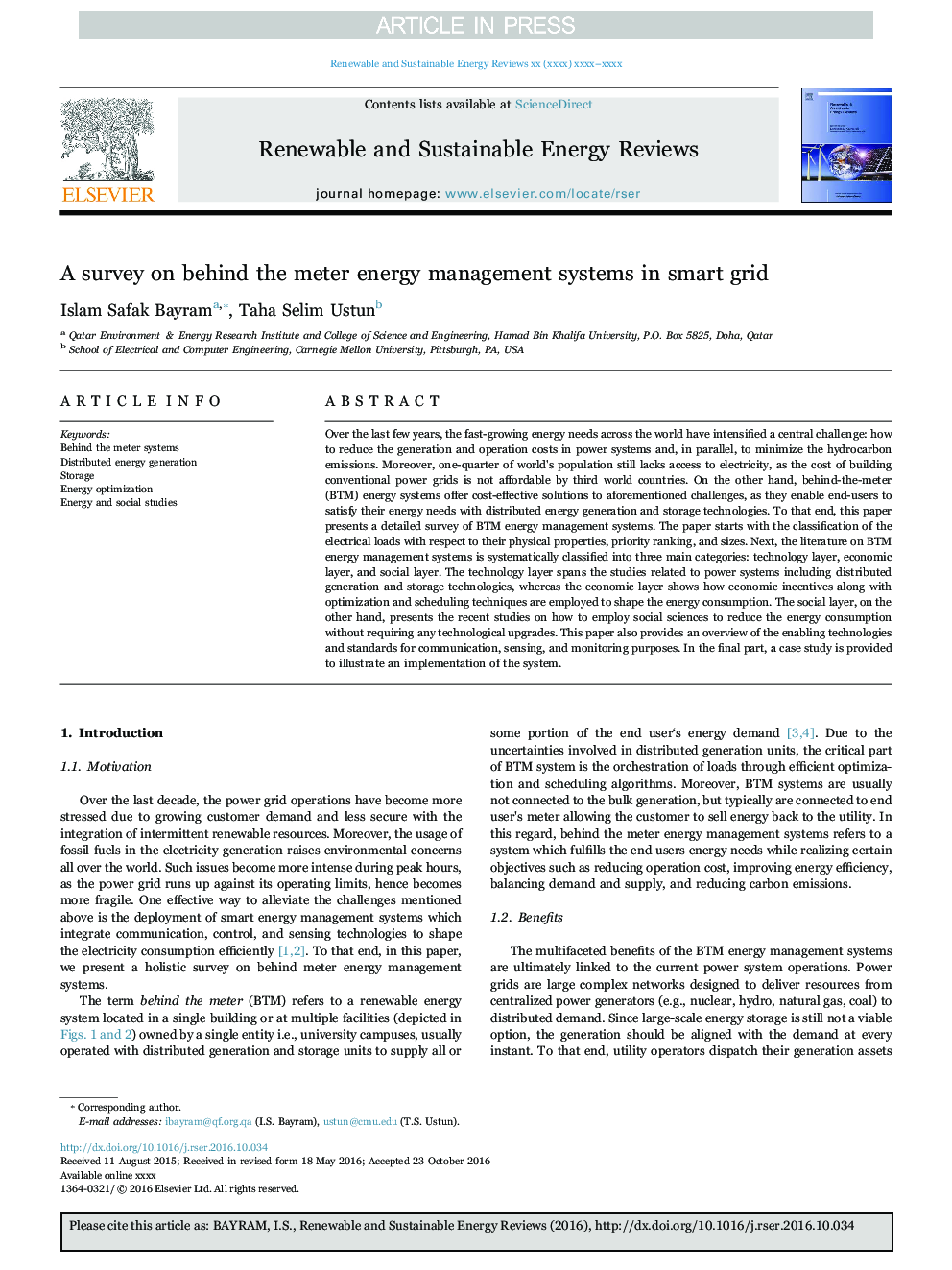 A survey on behind the meter energy management systems in smart grid