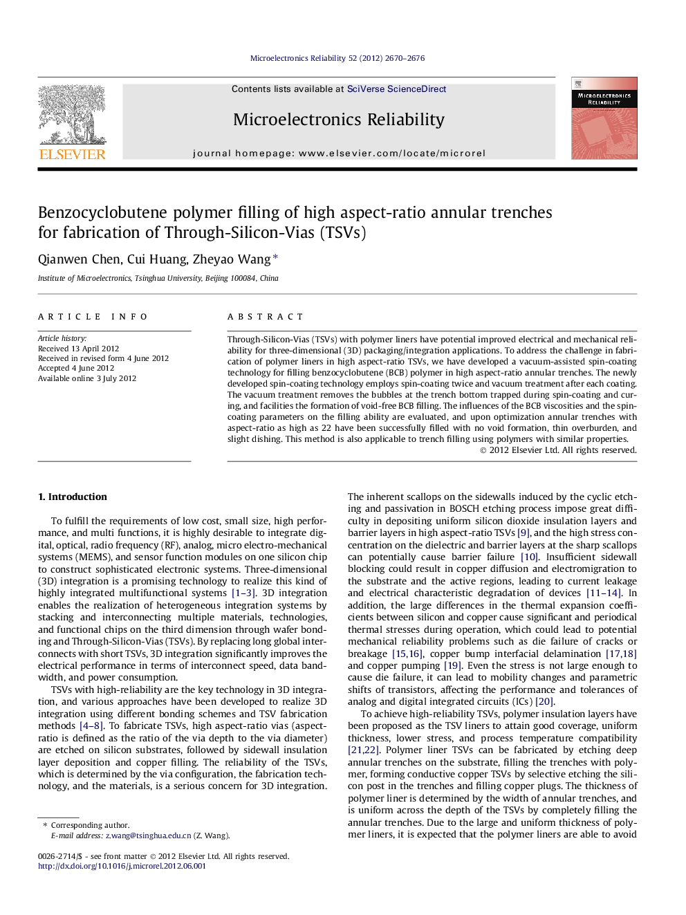 عکس صفحه اول مقاله: Benzocyclobutene polymer filling of high aspect-ratio annular trenches for fabrication of Through-Silicon-Vias (TSVs) Benzocyclobutene polymer filling of high aspect-ratio annular trenches for fabrication of Through-Silicon-Vias (TSVs)