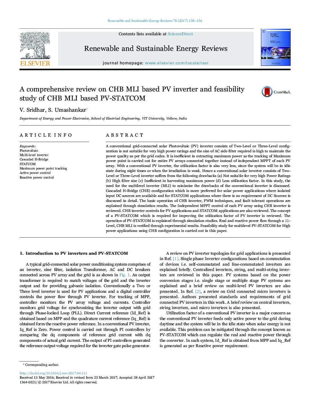 A comprehensive review on CHB MLI based PV inverter and feasibility study of CHB MLI based PV-STATCOM