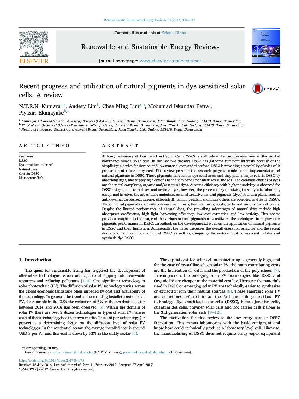 Recent progress and utilization of natural pigments in dye sensitized solar cells: A review