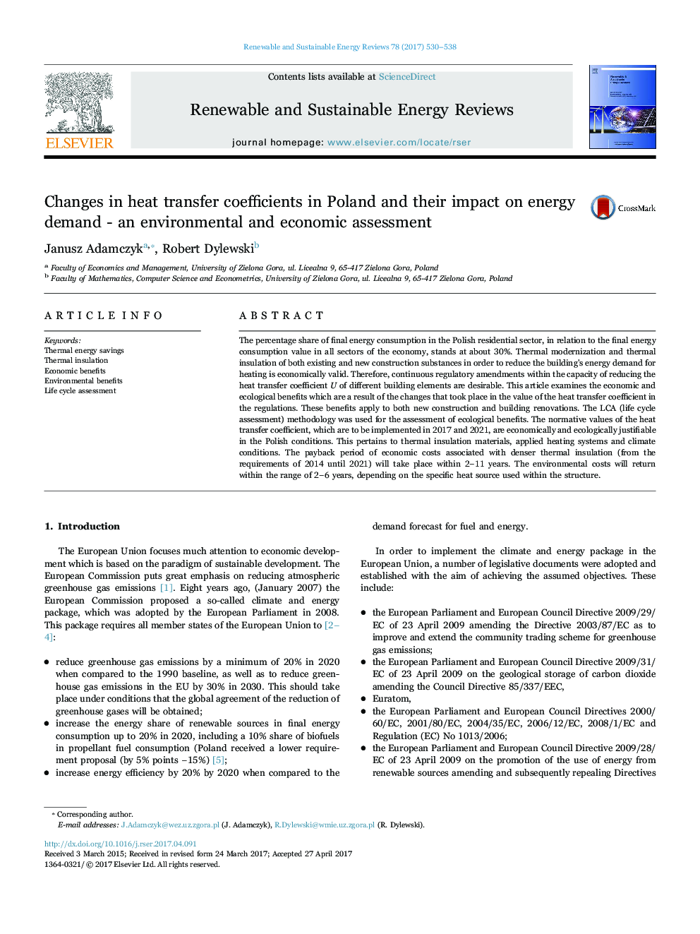 Changes in heat transfer coefficients in Poland and their impact on energy demand - an environmental and economic assessment