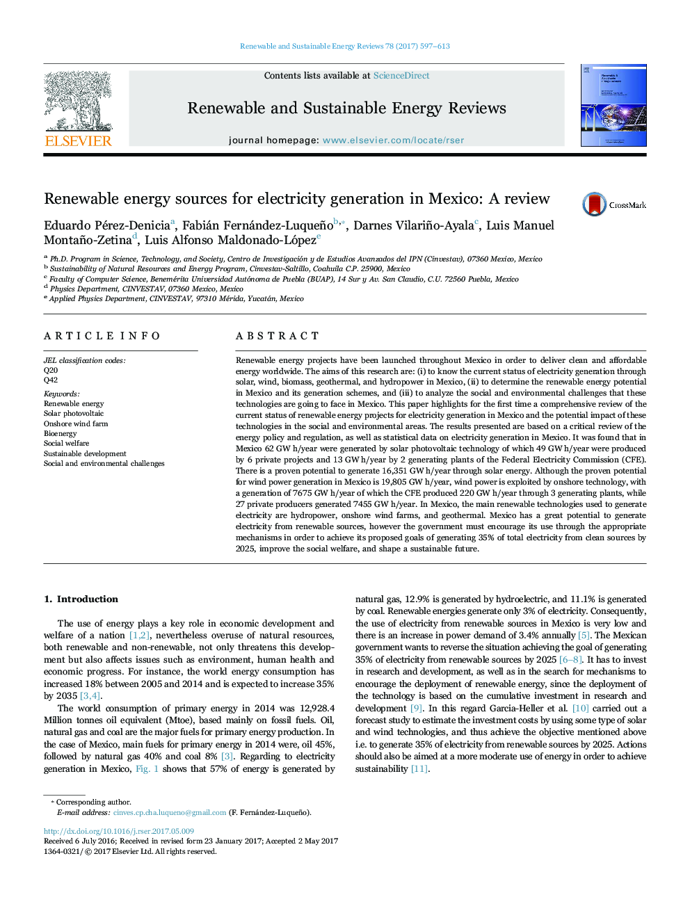 Renewable energy sources for electricity generation in Mexico: A review