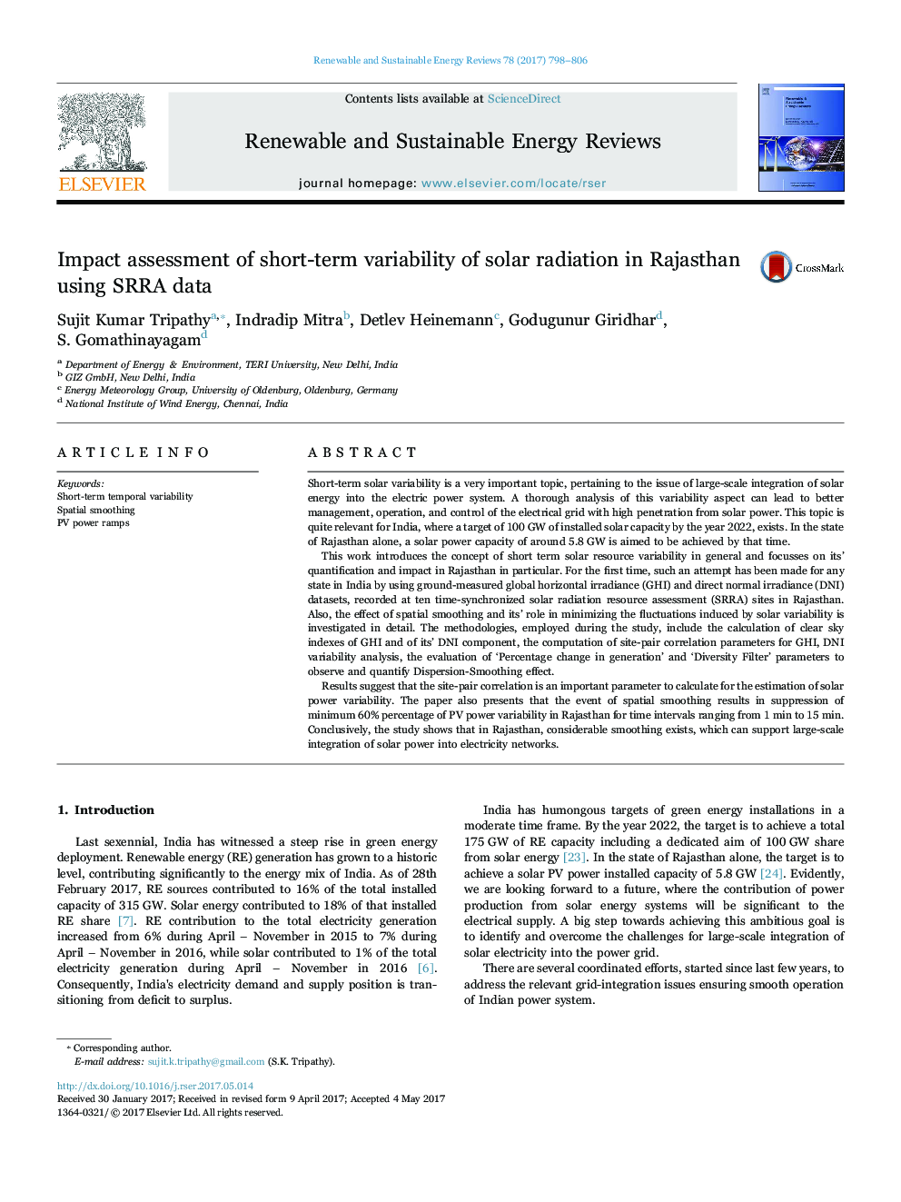 Impact assessment of short-term variability of solar radiation in Rajasthan using SRRA data