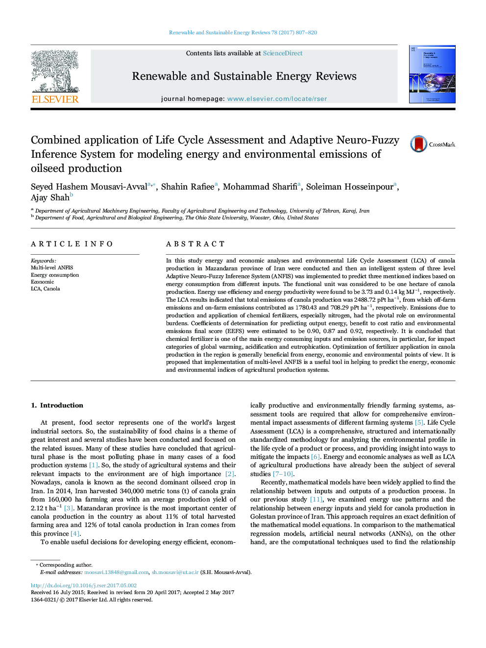 Combined application of Life Cycle Assessment and Adaptive Neuro-Fuzzy Inference System for modeling energy and environmental emissions of oilseed production