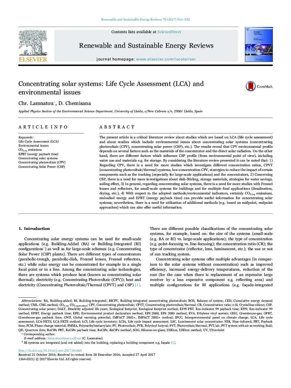 Concentrating solar systems: Life Cycle Assessment (LCA) and environmental issues